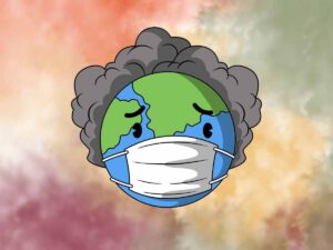 disegno della terra con la mascherina e il fumo intorno, a rappresentare l'inquinamento