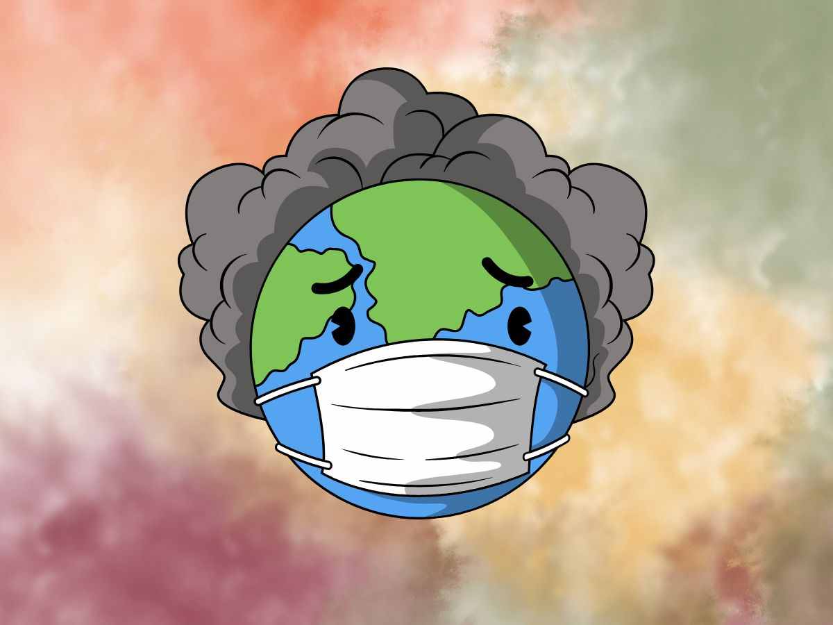 disegno della terra con la mascherina e il fumo intorno, a rappresentare l'inquinamento
