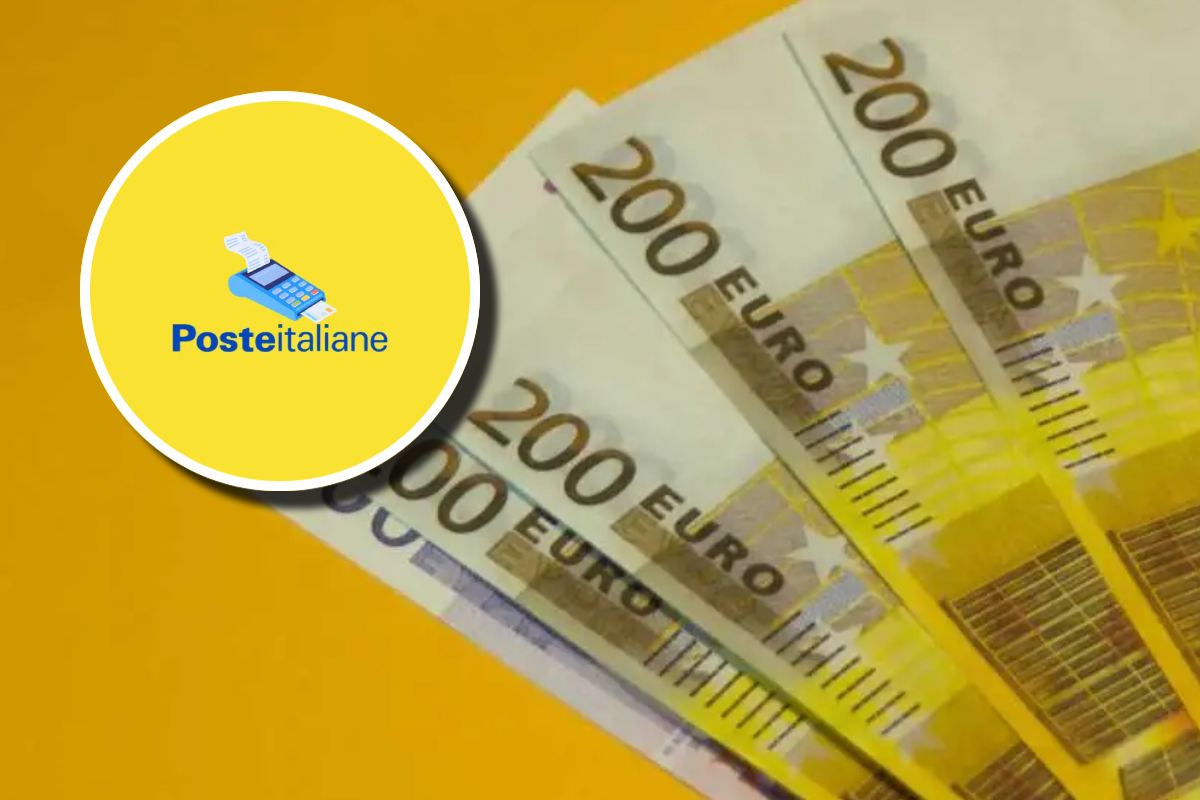 Banconote da 200 euro su sfondo giallo e, in evidenza, il logo di Poste Italiane con un bancomat
