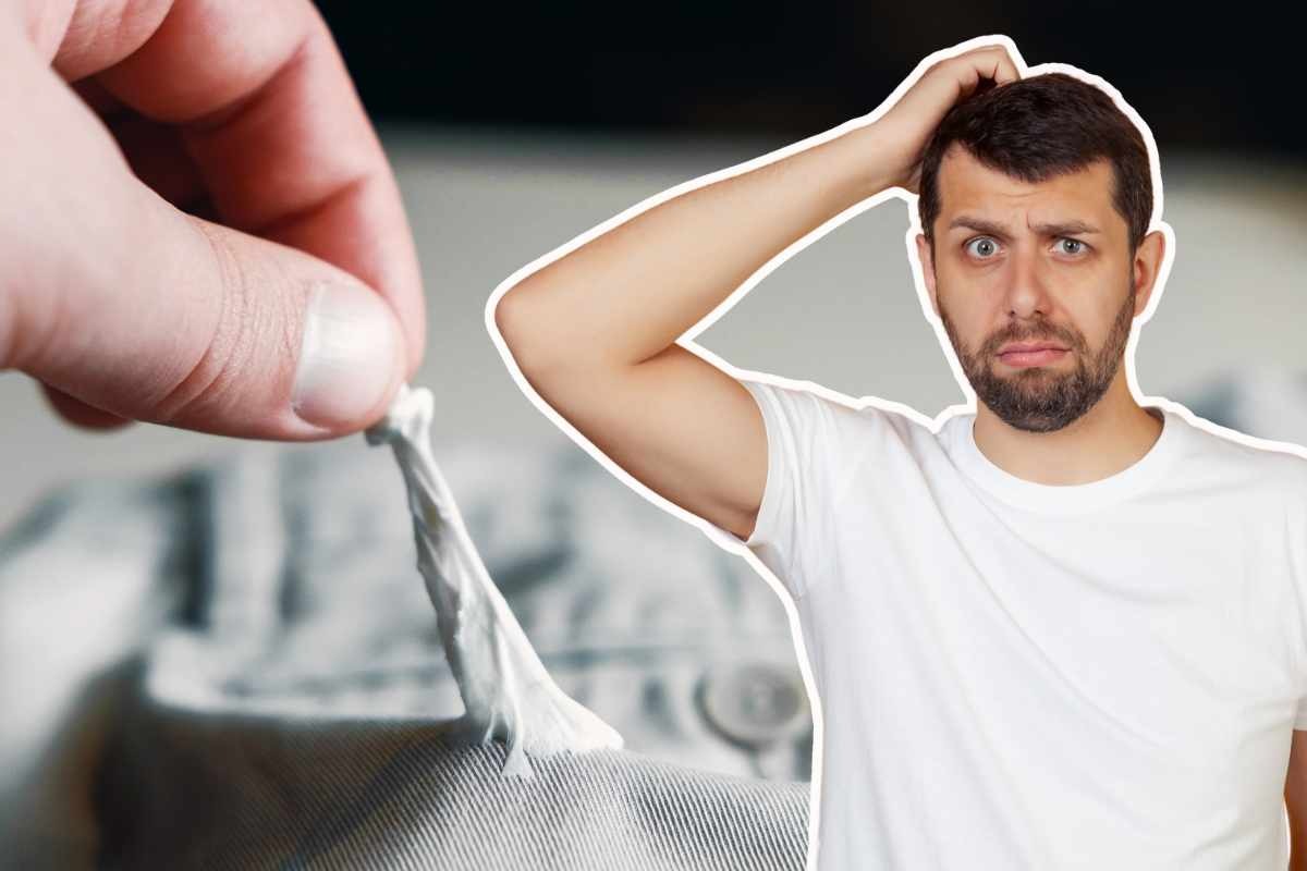 gomma sui vestiti e uomo che pensa
